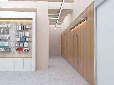 Modern Office Hallway With Wooden Walls Recessed Lighting Tile Flooring And Display Shelves 3d model