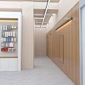 Modern Office Hallway With Wooden Walls Recessed Lighting Tile Flooring And Display Shelves