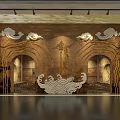 Chinese Traditional Decorative Wall Featuring Cloud Wave Carvings Arch Doorways Stone Texture and Ceiling Lights