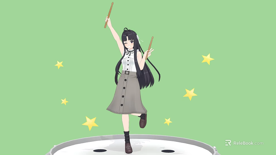 Cheerful Woman Holding Drumsticks Standing On A Drum With Yellow Stars Green Background 3d model 