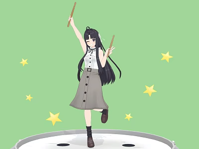 Cheerful Woman Holding Drumsticks Standing On A Drum With Yellow Stars Green Background 3d model