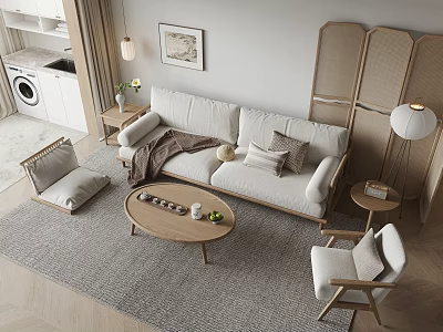 Modern Living Room Sofa Coffee Table Combination With Beige Throw Pillows And Round Wooden Top 3d model