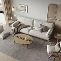 Modern Living Room Sofa Coffee Table Combination With Beige Throw Pillows And Round Wooden Top