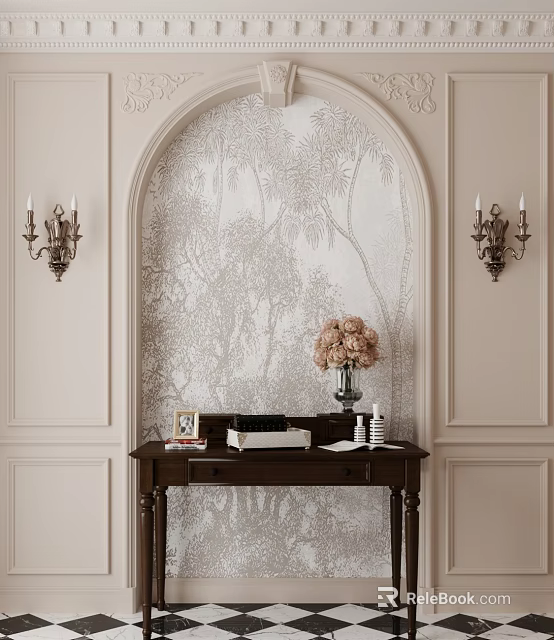 Elegant Entryway Console Table With Pink Flowers Vase Photo Frame Books And Wall Sconces 3d model 