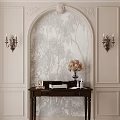Elegant Entryway Console Table With Pink Flowers Vase Photo Frame Books And Wall Sconces