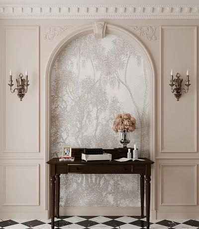 Elegant Entryway Console Table With Pink Flowers Vase Photo Frame Books And Wall Sconces 3d model