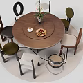 Round Dining Table Set With Various Design Chairs Fruit Platter And Flower Vase 3d model