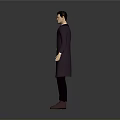 Man In Purple Long Coat With Vest Bow Tie Black Pants Brown Shoes Gray Background
