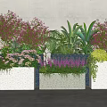 Garden Landscape Featuring Concrete Planters With Green Foliage And Pink Purple Yellow Flowers