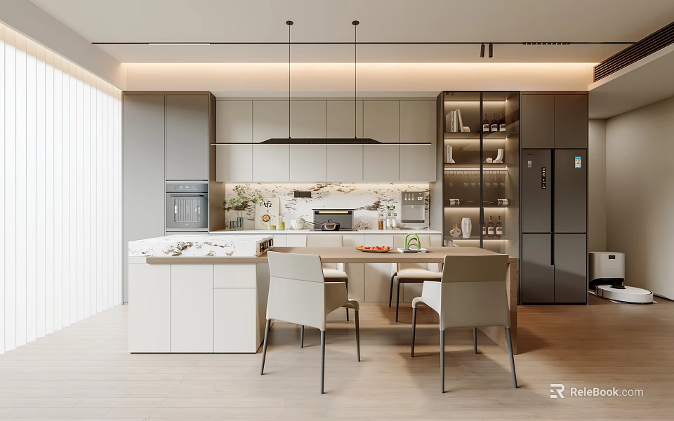 Modern Restaurant Interior Design With Open Layout Island Counter Dining Table And Chairs 3d model