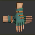 Two Hands Wearing Blue Gloves With Orange Straps Overlapping On Black Surface