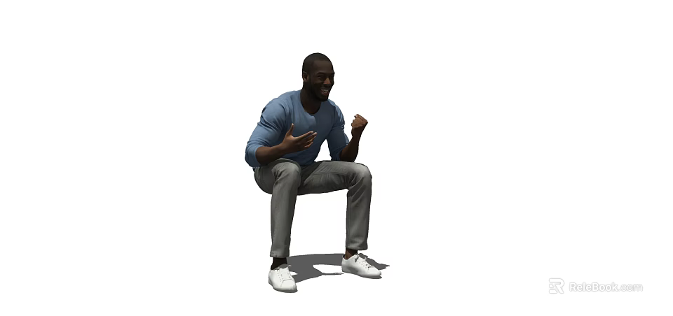 Man Squatting in Blue Long Sleeve Shirt Gray Pants White Shoes with Hands Gesturing 3d model 