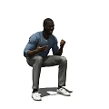 Man Squatting in Blue Long Sleeve Shirt Gray Pants White Shoes with Hands Gesturing