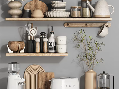 Stylish Kitchen Shelves Showcasing Essential Kitchenware With Dishes Jars Kettle Blender And Potted Plant 3d model