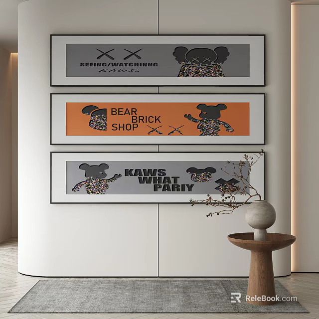 Abstract Paintings Featuring KAWS Bear Brick Characters Hanging as Wall Art Decorations 3d model