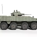 Military Armored Wheeled Vehicle with Turret Antennas and Green Camouflage Exterior