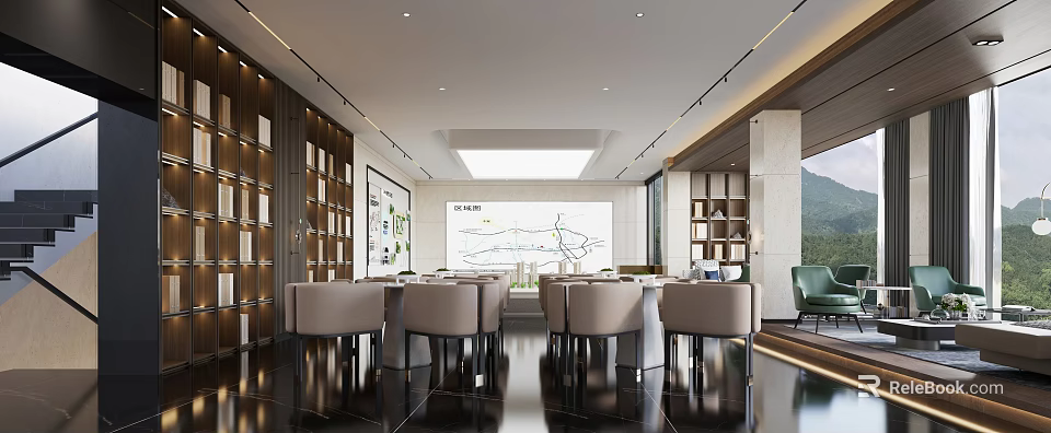 Modern Sales Office Interior Design Featuring Model Display And Comfortable Lounge Seating 3d model