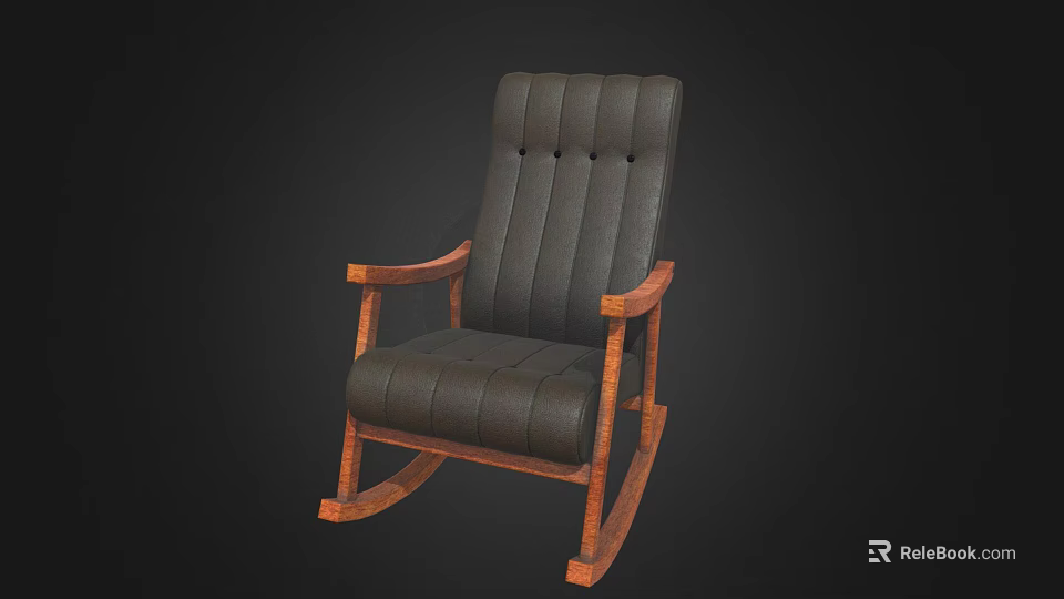 Vintage Style Black Leather Rocking Chair With Tufted Back And Wooden Frame 3d model 