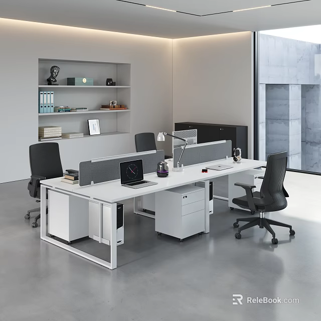 Modern Office Desk Workstation With Cubicles Computers Desk Lamps And Black Office Chairs 3d model 