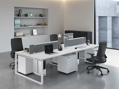 Modern Office Desk Workstation With Cubicles Computers Desk Lamps And Black Office Chairs 3d model