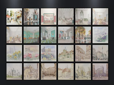 Collection of Oil Paintings with Different Themes in Grid Wall 3d model