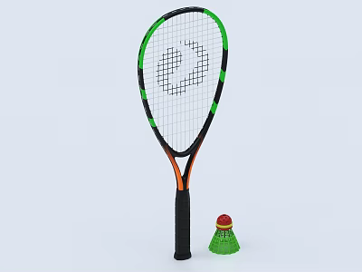 Sports Equipment Featuring Green Orange Framed Tennis Racket With Black Handle And Green Shuttlecock 3d model