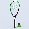 Sports Equipment Featuring Green Orange Framed Tennis Racket With Black Handle And Green Shuttlecock