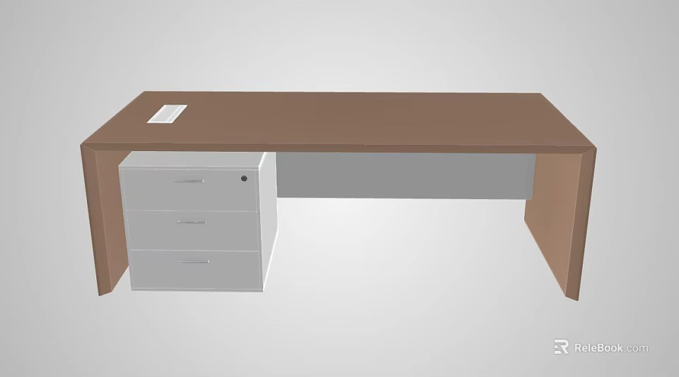 Brown Office Desk With White Desktop Pad And Three Drawer Cabinet 3d model 