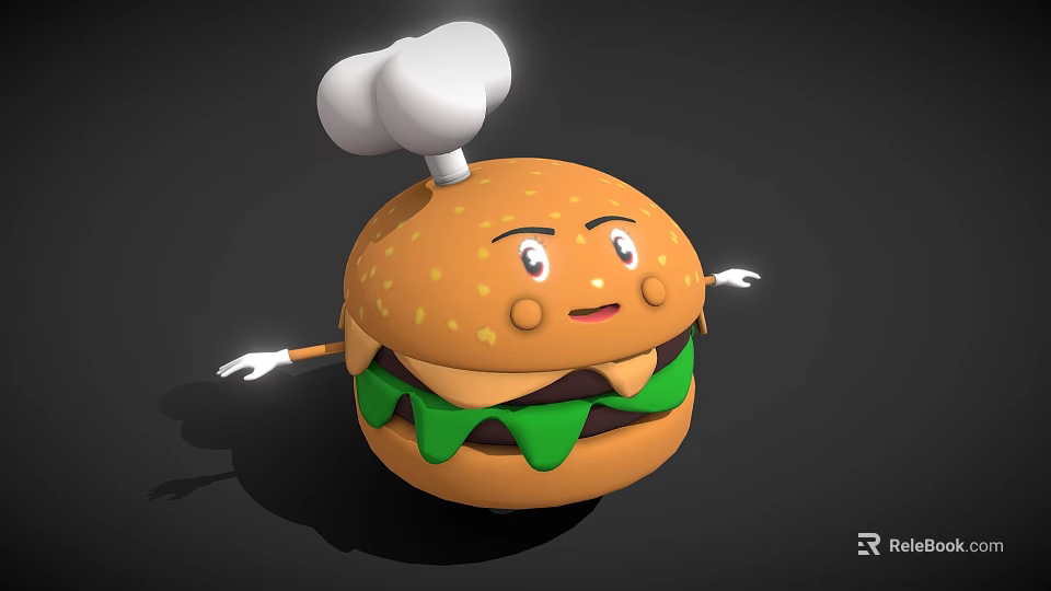 Cute Cartoon Burger Character With Chef Hat Smiling Face Green Lettuce And Patty 3d model 