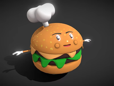 Cute Cartoon Burger Character With Chef Hat Smiling Face Green Lettuce And Patty 3d model