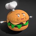 Cute Cartoon Burger Character With Chef Hat Smiling Face Green Lettuce And Patty