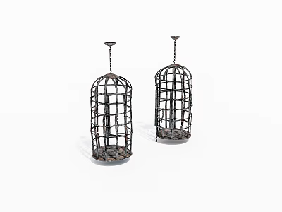 Two Metal Birdcages With Intricate Grid Design And Hanging Chains 3d model