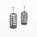 Two Metal Birdcages With Intricate Grid Design And Hanging Chains