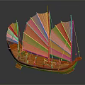 Traditional Wooden Boat With Multiple Orange Sails And Classic Structure Design 3d model