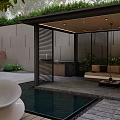 Modern Courtyard Garden With Stone Walls Red Maple Tree Green Plants And Stone Slab Flooring