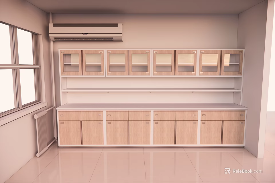 Modern Storage Cabinet Design With Multiple Wooden Doors And Open Top Shelves In Bright Room 3d model 