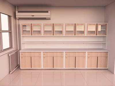 Modern Storage Cabinet Design With Multiple Wooden Doors And Open Top Shelves In Bright Room 3d model