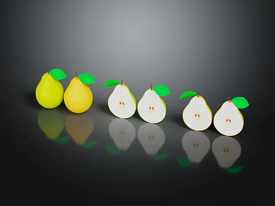 Row of Fresh Pears Including Yellow Whole and White Sliced with Green Leaves and Reflections 3d model