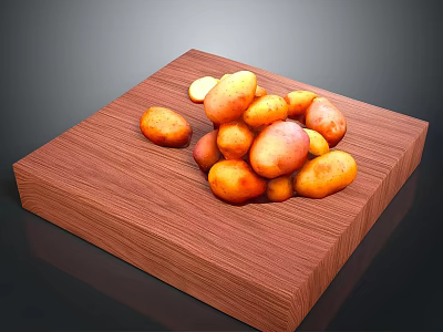 Fresh Potatoes Heap Displayed On Wooden Tray Close Up View 3d model
