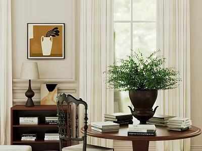 Elegant Interior With Round Wooden Table And Chair Set Books And Potted Plant 3d model