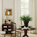 Elegant Interior With Round Wooden Table And Chair Set Books And Potted Plant