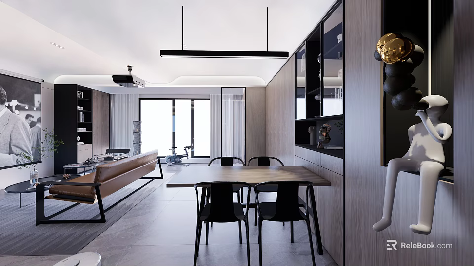 Modern Dining Living Room Interior With Sofa Dining Table And Lighting 3d model 