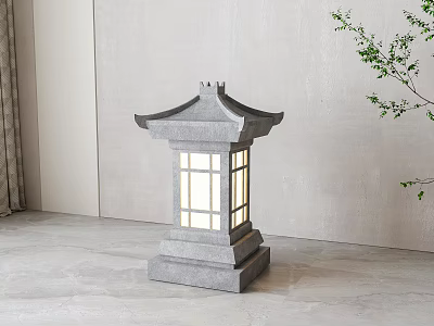 Japanese Pagoda Style Gray Stone Floor Lamp With Square Glass Panels In Minimalist Interior 3d model