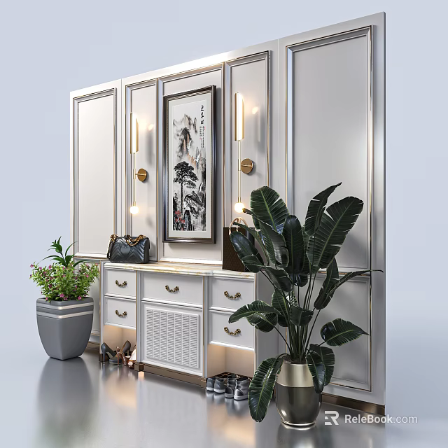 Modern Shoe Cabinet With Decorative Painting Green Plants Drawers And Lighting 3d model 