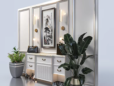 Modern Shoe Cabinet With Decorative Painting Green Plants Drawers And Lighting 3d model