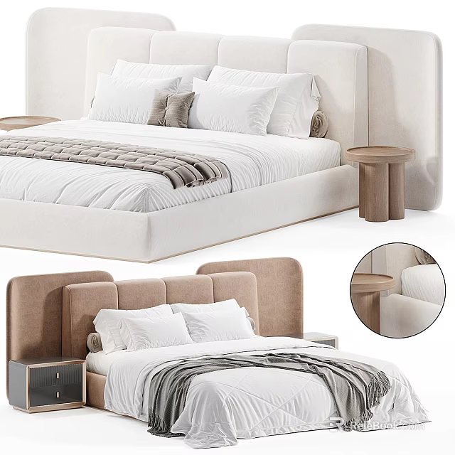 Modern Bedroom Interior With Beige Headboard Pillows And Wooden Nightstands 3d model 