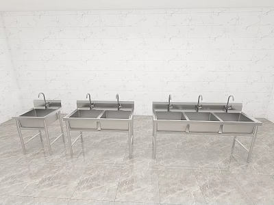 Stainless Steel Vegetable Washing Sinks Three with Faucets on Stands on Marble Floor 3d model
