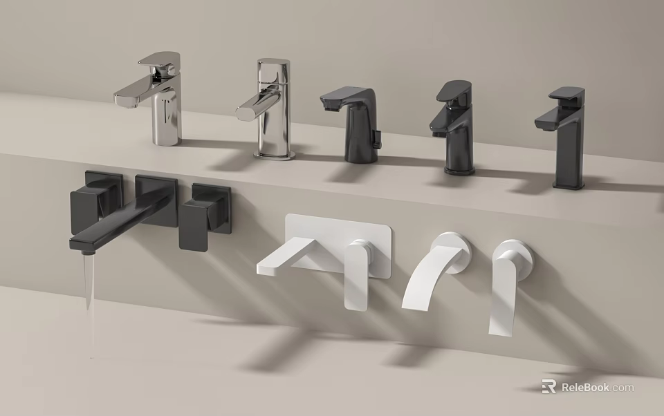 Stylish Modern Faucets With Various Black White Silver Designs On Display Shelf 3d model 