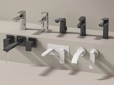 Stylish Modern Faucets With Various Black White Silver Designs On Display Shelf 3d model