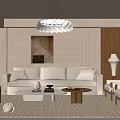 Modern Living Room Interior With Beige Sofa Wooden Coffee Table Area Rug And Pendant Light
